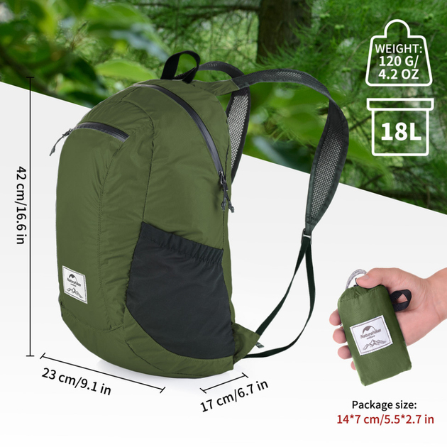 Рюкзак компактный сверхлегкий Naturehike Ultralight Naturehike NH17A012-B, 18 л, зеленый - изображение 4