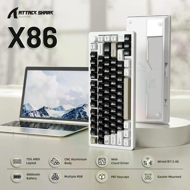 Механічна бездротова (Bluetooth + 2,4G) клавіатура з HOT SWAP Attack SHARK X86 Full Aluminum, 82 key PBT, RGB, Win,Mac OS, УКР та АНГЛ, Milk White (X86MW) - Фото 4 Механічна бездротова (Bluetooth + 2,4G) клавіатура з HOT SWAP Attack SHARK X86 Full Aluminum, 82 key PBT, RGB, Win,Mac OS, УКР та АНГЛ, Milk White (X86MW) - изображение 4