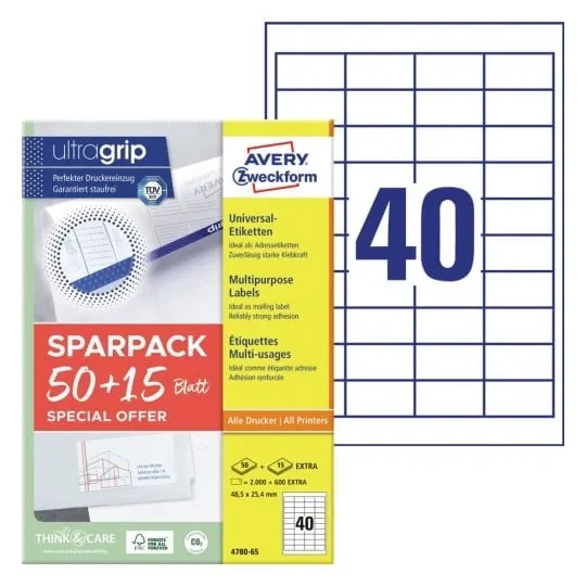 Універсальні самоклеючі етикетки Avery Ultragrip A4 48.5×25.4 мм Білі 65 аркушів × 40 шт 4780-65 (4004182347805) - зображення 3