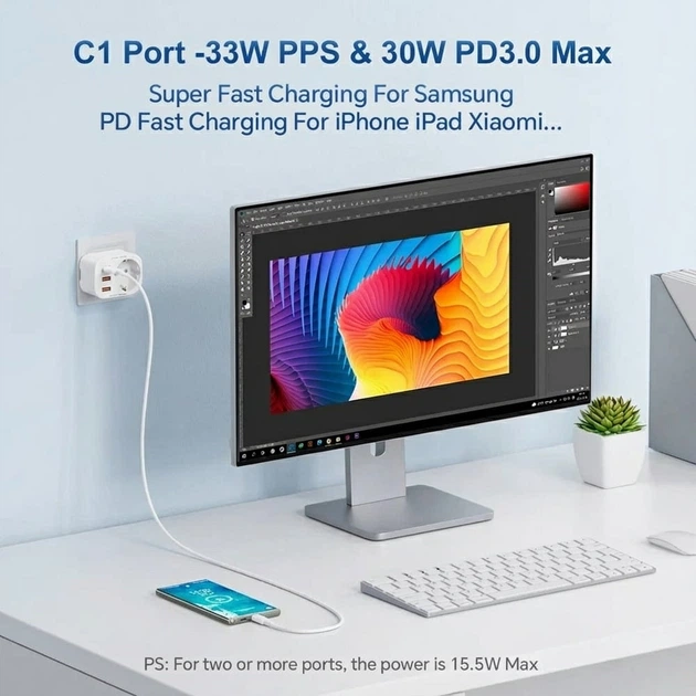 Зарядний пристрій ASOMETECH WP09-F-PD 33W GAN (PD3.0/QC4 порти 2USB+TypeC) Socket AC 4000W White (43696) - зображення 5