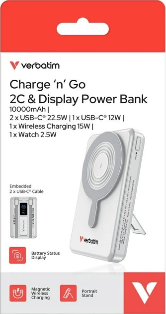 Powerbank Verbatim Charge 'n' Go Two Cable Power Bank with Display 10000 mAh 22.5W Silver (023942322733) - obraz 8