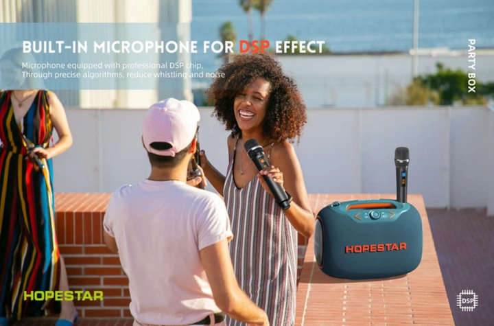 Беспроводная портативная Bluetooth колонка Hopestar PARTYBOX 120 Вт с караоке, 2 беспроводными микрофонами, BT 5.3, USB, AUX, TF, TWS, аккумуляторная, чёрная - изображение 4