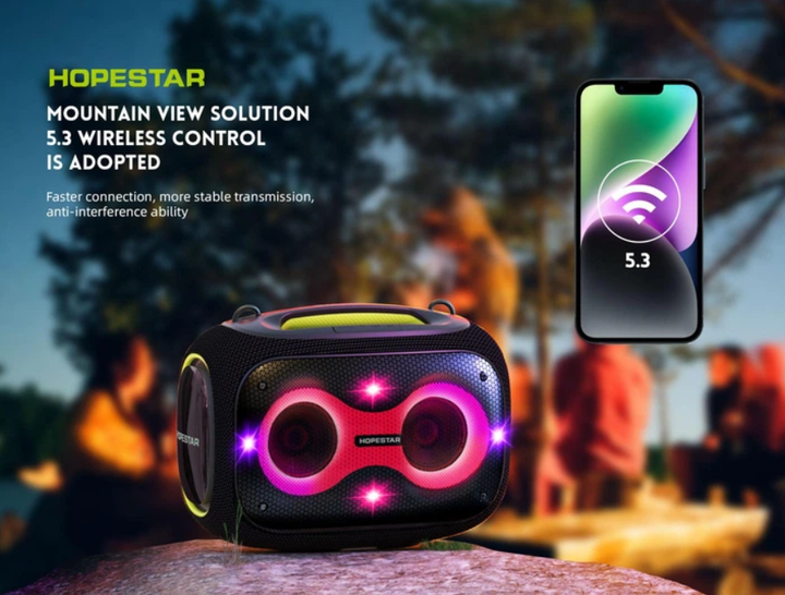 Беспроводная портативная Bluetooth колонка Hopestar PARTYBOX 120 Вт с караоке, 2 беспроводными микрофонами, BT 5.3, USB, AUX, TF, TWS, аккумуляторная, чёрная - изображение 5