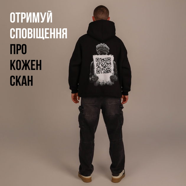 Чорне худі чоловіче з динамічним QR-кодом і принтом, керування через Telegram-бот (376265) - зображення 3