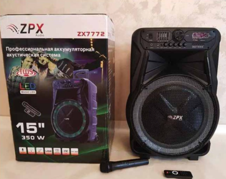 Портативна акустика ZPX-7772 350 Вт з мікрофоном, USB/FM/Bluetooth, LED-підсвітка, пульт управління на коліщатках, чорна - изображение 2
