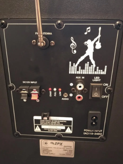 Портативна акустика ZPX-7772 350 Вт з мікрофоном, USB/FM/Bluetooth, LED-підсвітка, пульт управління на коліщатках, чорна - изображение 4