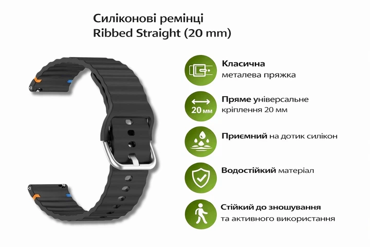 Ремешок BeCover Ribbed Straight 20mm для Samsung Galaxy Watch 7 40/44mm/7 FE/6/6 Classic/5/5 Pro/4/4 Classic/Watch 3 41mm Black (BC_714840) - изображение 5