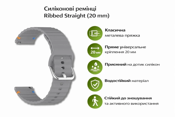 Ремешок BeCover Ribbed Straight 20mm для Samsung Galaxy Watch 7 40/44mm/7 FE/6/6 Classic/5/5 Pro/4/4 Classic/Watch 3 41mm Gray (BC_714845) - изображение 4