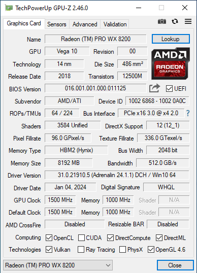 Дискретна відеокарта AMD Radeon Pro WX 8200, 8 GB HBM2, 2048-bit / 4x Mini DisplayPort б/в - зображення 5