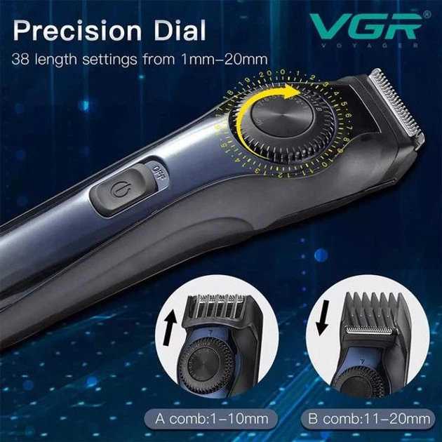 Мужской аккумуляторный триммер VGR V-080 с регулировкой длины на корпусе для стрижки волос, бороды 5 Вт Синий - изображение 13