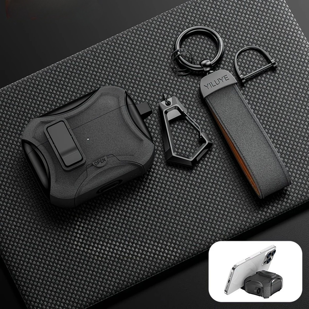 Чехол для AirPods Pro 2 с карабином, защёлкой и подставкой, чёрный с матовым серым - изображение 2