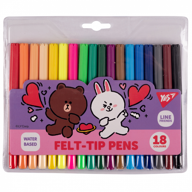Фломастери Yes 18 кольорів Line Friends - Фото 1 Фломастери Yes 18 кольорів Line Friends - зображення 1