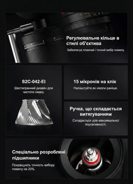 Ручна кавомолка Timemore Chestnut S3 ESP Matte Black (S2C-042-EI) механічна портативна з регулюванням помелу зі сталевими жорнами та металевим корпусом з нержавіючої сталі - зображення 3