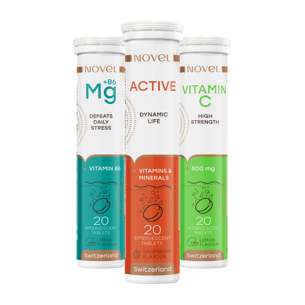 Магний Magnesium №20 + Active №20 + Витамин С Vitamin C №20, комплекс Novel, набор шипучих витамин, цена 3 банки - изображение 2