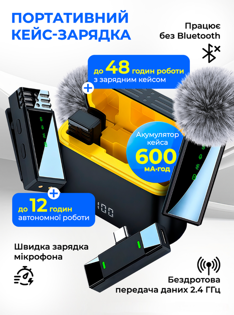 Микрофон для телефона петличный беспроводной для айфона андроида с подавлением шума ветрозащитой зарядным кейсом планшета смартофона пк одна мини петличка для блогера стрим тикток 2 шт Type-C Lightning Черный 73716 - изображение 2