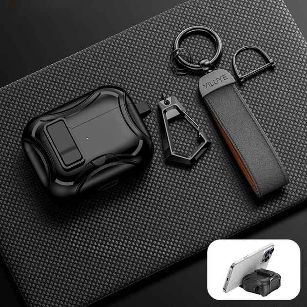 Чохол YILUYE для AirPods Pro 2 з карабіном, клямкою та підставкою, чорний - Фото 3 Чохол YILUYE для AirPods Pro 2 з карабіном, клямкою та підставкою, чорний - зображення 3
