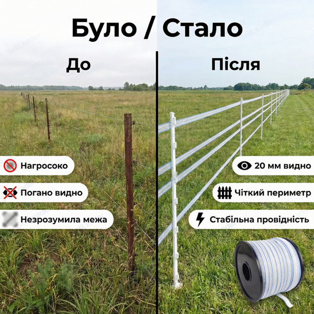 Лента электрозабора 20 мм для електропастуха лошадей коров пастбища овец коз 200м проводник 4×0.2мм - Фото 5 Лента электрозабора 20 мм для електропастуха лошадей коров пастбища овец коз 200м проводник 4×0.2мм - изображение 5