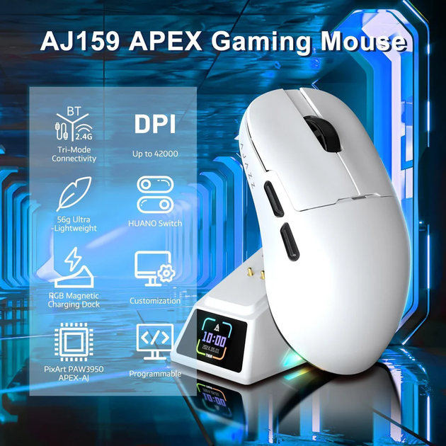 Ігрова бездротова мишка AJAZZ AJ159 Apex /Три режими підключення / 42000 DPI / сенсор PAW3950 / Док-станція з LED-дисплеєм / White - зображення 2