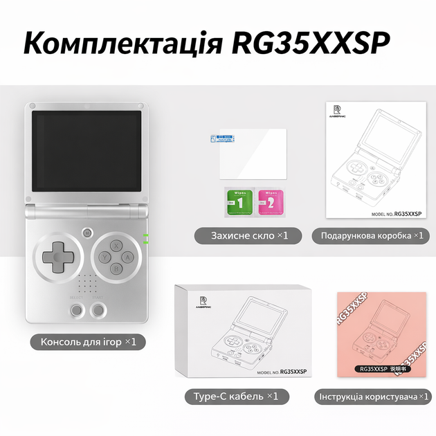 ANBERNIC RG35XX SP — фліп портативна ігрова консоль 64 ГБ, підтримка 5000+ ігор, 3.5” IPS екран, 3300 мА·год, BT4.2, ретро Сріблястий - зображення 2