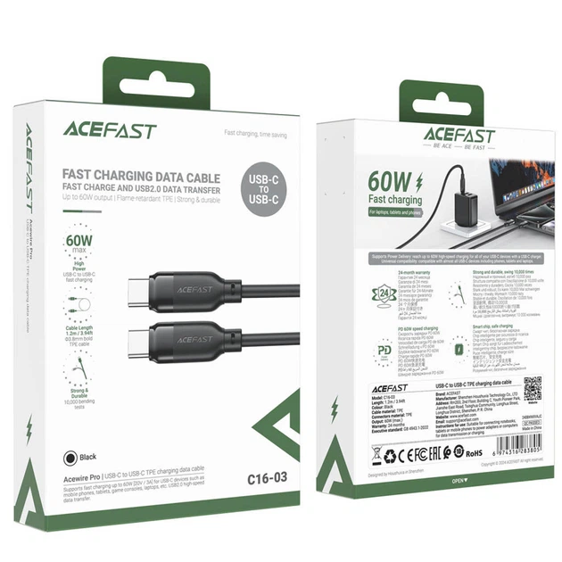 USB кабель AceFast C16-03, Type-C, 1.2 м., Чорний - 573908 - Фото 7 USB кабель AceFast C16-03, Type-C, 1.2 м., Чорний - 573908 - зображення 7