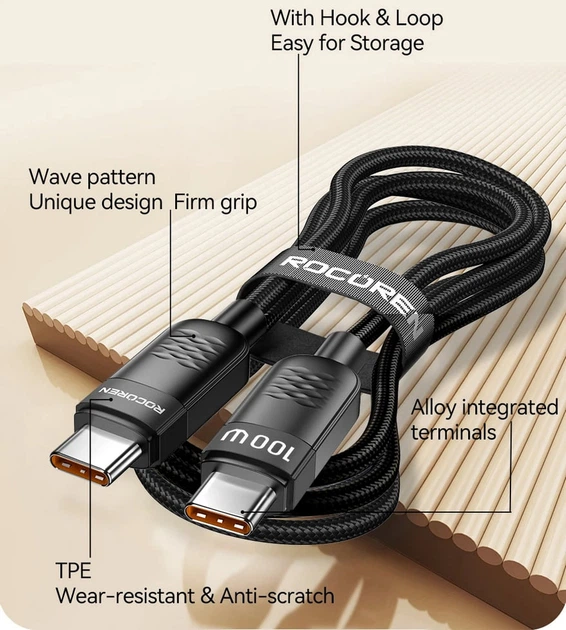 Интерфейсный кабель Rocoren RCXCTT1-LC0G 100W 480Mbps (E-marker 50V 2A) TypeC-TypeC 1m Black (43699) - изображение 7