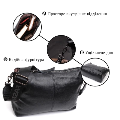 Сумка Vintage Кожаная женская с двумя съемными ремнями Черная (22379) - изображение 8