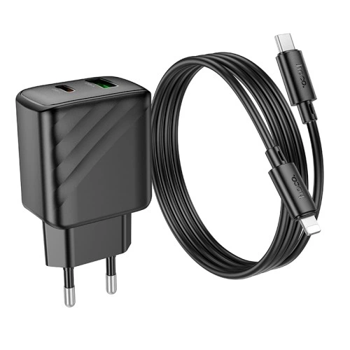 Мережевий зарядний пристрій Hoco CS23A Швидка зарядка PD30W + USB QC3.0 Cable Lightning - Type-C Black - Фото 3 Мережевий зарядний пристрій Hoco CS23A Швидка зарядка PD30W + USB QC3.0 Cable Lightning - Type-C Black - зображення 3