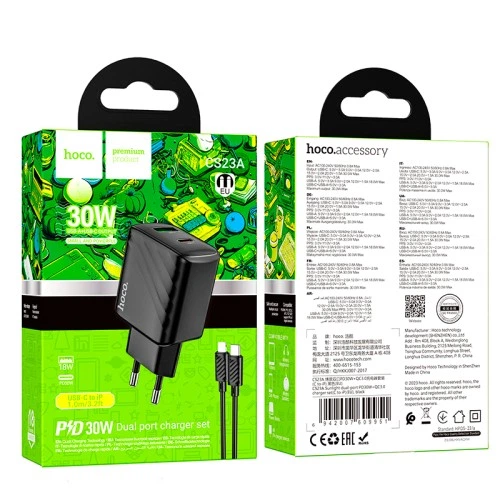 Мережевий зарядний пристрій Hoco CS23A Швидка зарядка PD30W + USB QC3.0 Cable Lightning - Type-C Black - Фото 5 Мережевий зарядний пристрій Hoco CS23A Швидка зарядка PD30W + USB QC3.0 Cable Lightning - Type-C Black - зображення 5
