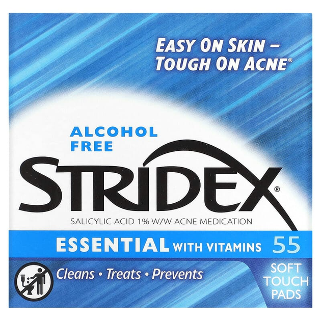 Салфетки от акне Stridex, Essential with Vitamins, без спирта с 1% салициловой кислоты и витаминами, 55 мягких салфеток - Фото 1 Салфетки от акне Stridex, Essential with Vitamins, без спирта с 1% салициловой кислоты и витаминами, 55 мягких салфеток - изображение 1