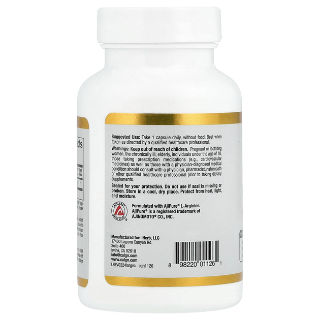 L-Аргинин California GOLD Nutrition "L-Arginine" 500 мг (60 капсул) - изображение 3