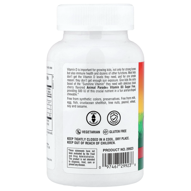 Вітамін D3 для дітей nature's Plus, Animal Parade "Vitamin D3" смак черешні, 500 МО (90 жувальних таблеток) - зображення 3