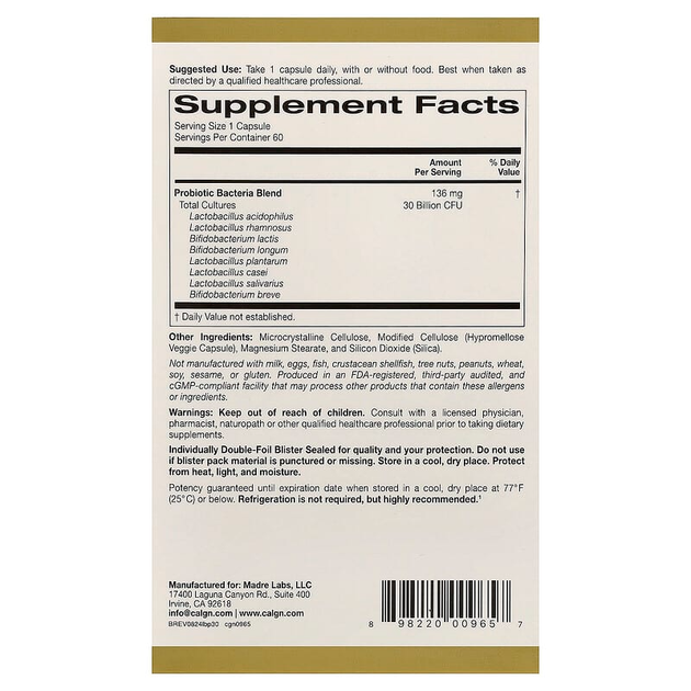 Пробиотики California GOLD Nutrition "LactoBif® Probiotics" поддержка и восстановление здоровья пищеварительной системы и кишечника после антибиотиков, 8 штаммов / 30 млрд КОЕ (60 растительных капсул) - изображение 2