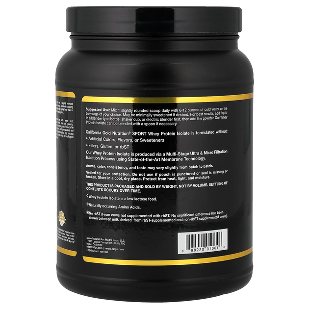 Изолят сывороточного протеина California GOLD Nutrition, SPORT "Whey Protein Isolate" с низким содержанием лактозы / без вкуса, добавок и сахара (454 г / 1 фунт) - изображение 3