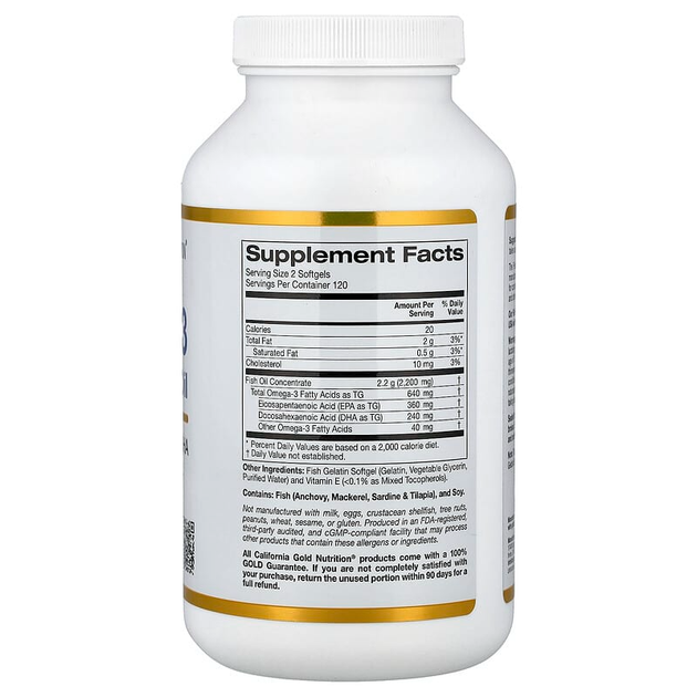 Рыбий жир California GOLD Nutrition "Omega-3 Premium Fish Oil" жирные кислоты омега-3 премиального качества, 1100 мг (240 капсул из рыбьего желатина) - изображение 2