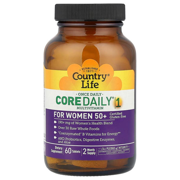 Поливитамины для женщин от 50 лет Country Life "Core Daily-1 For Women 50+" витамины и минералы с пробиотиками и ферментами (60 таблеток) - Фото 4 Поливитамины для женщин от 50 лет Country Life "Core Daily-1 For Women 50+" витамины и минералы с пробиотиками и ферментами (60 таблеток) - изображение 4