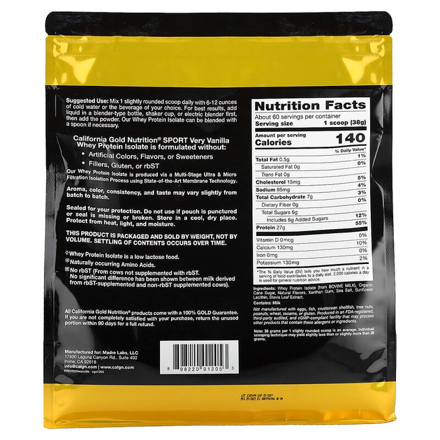 Изолят сывороточного протеина California GOLD Nutrition SPORT "Whey Protein Isolate" вкус ванили (2270 г) - изображение 2