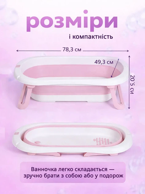 Детская ванночка для купания новорожденного ребенка младенцев ванна складная с термометром со сливом и вкладышем подушкой на ножках Kinderkit Peony Pink детские ванночки для новорожденных детей + подарок водоплавающая игрушка - изображение 3