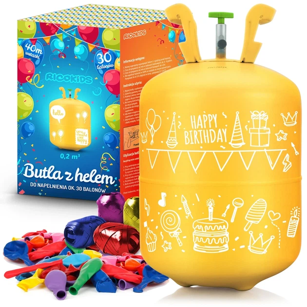 Балон з гелієм для надування куль Ricokids 0,20 м³ з повітряними кульками тастрічкою ( набір: балон, 30 куль, стрічка ) - Фото 1 Балон з гелієм для надування куль Ricokids 0,20 м³ з повітряними кульками тастрічкою ( набір: балон, 30 куль, стрічка ) - изображение 1