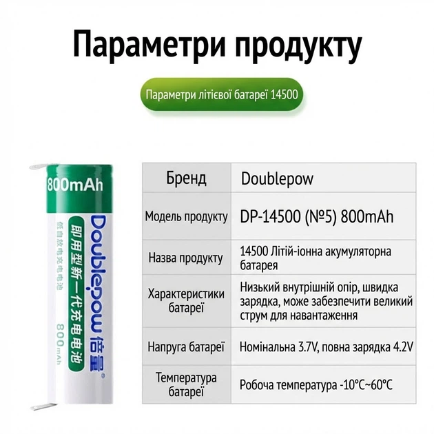 Акумуляторна батарея Doublepow 14500 3.7V 800mAh Li-ion з клемами під пайку - зображення 4