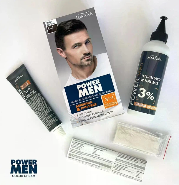 Стійка фарба для волосся, бороди і вусів Joanna Power Men Color Cream 3in1 Hair, Beard & Moustache 02 Темно-коричневий (18018290) - зображення 2