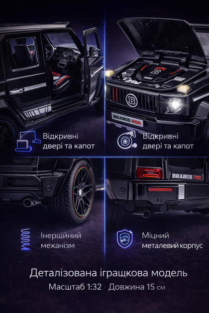 Іграшкова колекційна дитяча модель автомобіль Mercedes G-Class з інерційним механізмом Мерседес Гелік Brabus G700 15 см 1:32 - Фото 2 Іграшкова колекційна дитяча модель автомобіль Mercedes G-Class з інерційним механізмом Мерседес Гелік Brabus G700 15 см 1:32 - зображення 2