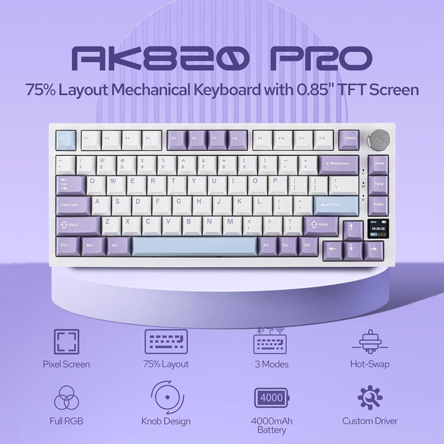 Ігрова механічна бездротова клавіатура AJAZZ AK820 Pro / Три режими підключення / Flying Fish Switch / White - зображення 2