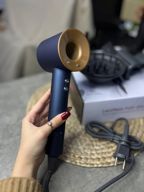 Профессиональный фен Super Hair Dryer 1 насадка с защитой волос насадка Концентратор с ионизацией любых волос синий с золотым - изображение 3