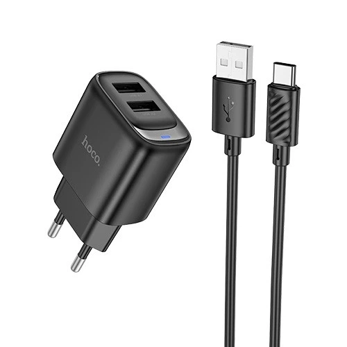 Мережевий зарядний пристрій Hoco C141A Type-C (2×USB, 2.1A) Чорний - Фото 2 Мережевий зарядний пристрій Hoco C141A Type-C (2×USB, 2.1A) Чорний - зображення 2