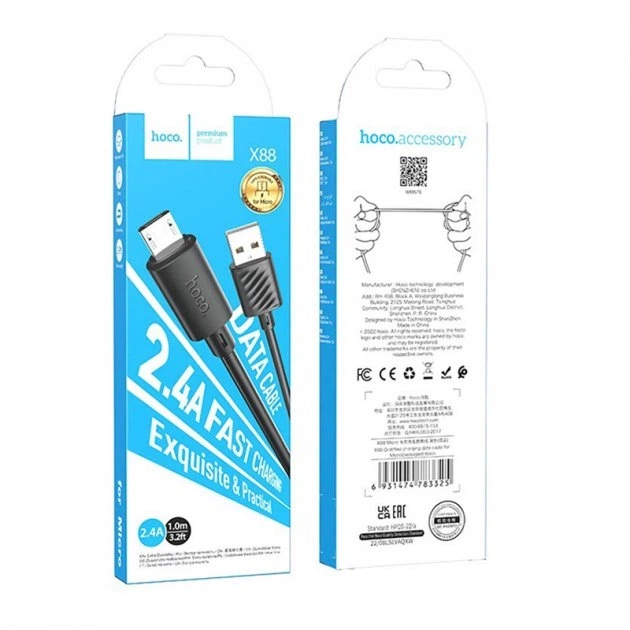 USB кабель для швидкої зарядки HOCO X88 USB / Micro USB 2.4A 1 м Чорний - зображення 2