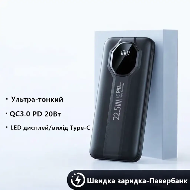 Повербанк Moltis 10000 мА · год - ультратонкий Power Bank 22.5W зі швидкою зарядкою PD + QC 3.0, LED-дисплей, Type-C 10116 - зображення 2