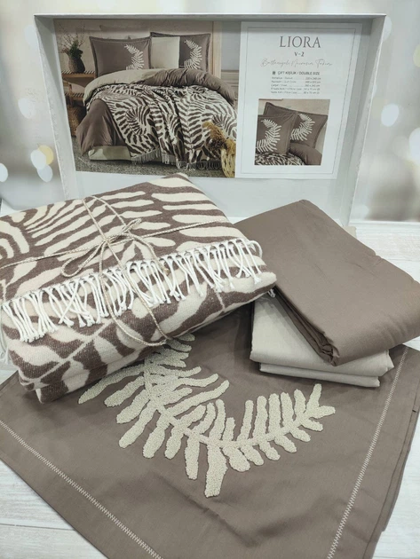 Комплект постельного белья с пледом Clasy Liora Organic Catton евро бежевый, коричневый - изображение 3