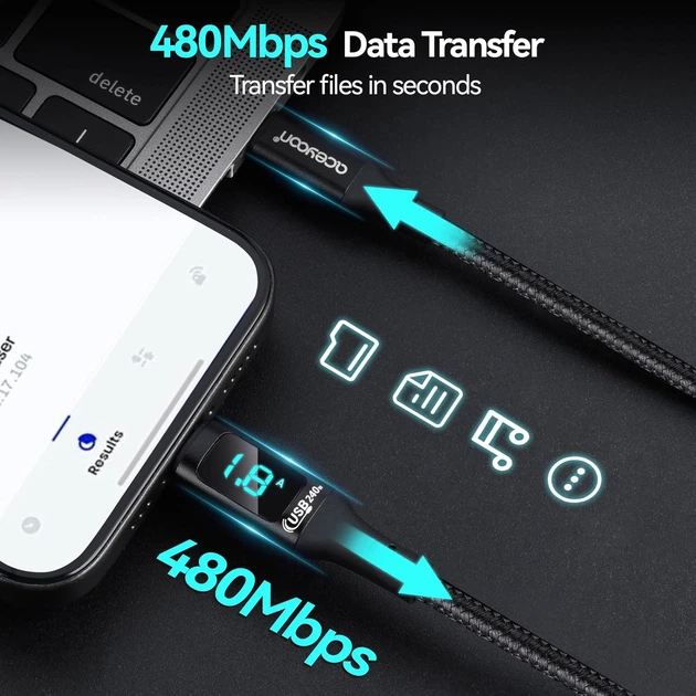 Кабель aceyoon USB C-USB C со светодиодным дисплеем 2м - Фото 4 Кабель aceyoon USB C-USB C со светодиодным дисплеем 2м - изображение 4