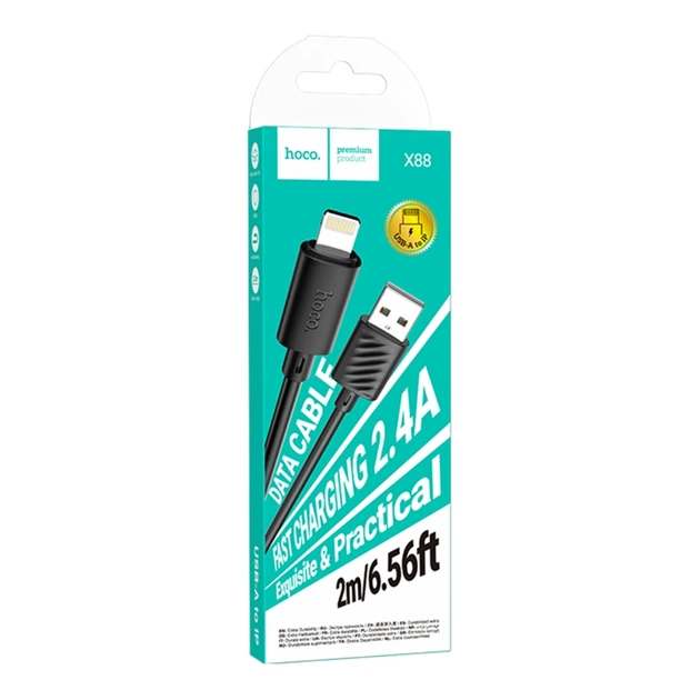 Кабель для заряджання та передачі даних USB Hoco X88 Gratified USB to Lightning 2.4A 2m Black - Фото 3 Кабель для заряджання та передачі даних USB Hoco X88 Gratified USB to Lightning 2.4A 2m Black - зображення 3