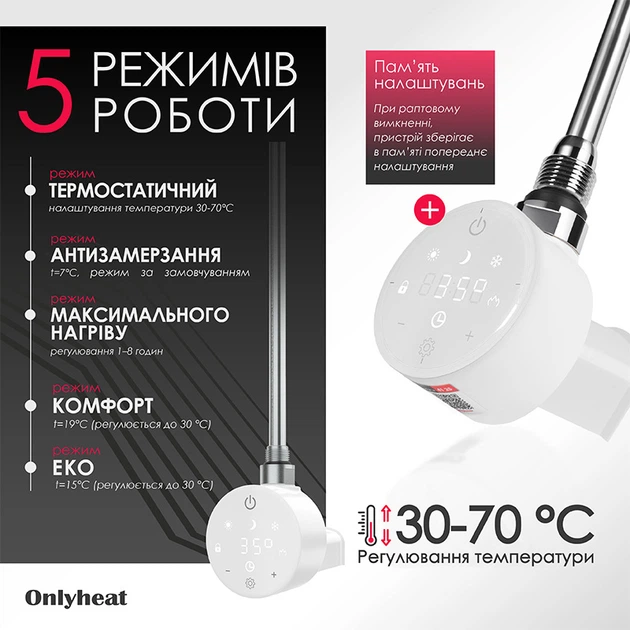 ТЕН для рушникосушки Onlyheat Ivory White Pro 0.6 кВт (прихований монтаж) - изображение 3